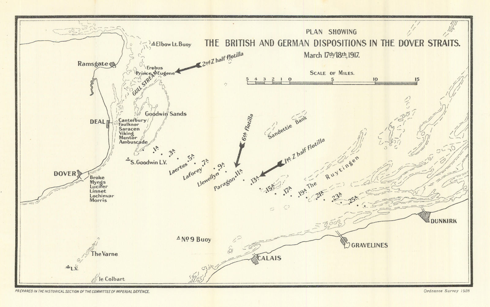Dover Straits. British & German naval dispositions 17-18 March 1917 WW1 1928 map